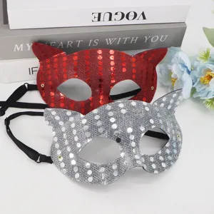 Glitter sequin cat ear mask for Halloween party masquerade half face costume props shiny.