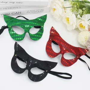 Sequin cat mask for Halloween party costume, sparkly PVC animal mask with elastic strap for women.
