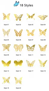18 estilos pegatinas de pared de mariposa hueca dorada arte metálico 3D para fiesta hogar