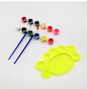 Kinder DIY Acrylfarben Set mit bunten Farbtöpfen, Pinseln und einer gelben Palette.