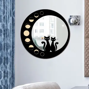 Specchio da parete gatto nero fase lunare boho decorazione sospesa in legno estetica stanza