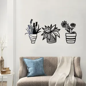3D acrylic mirror plant wall stickers, self-adhesive potted flower home decor detail view.
