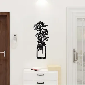 Black acrylic potted flower wall sticker, 3D floral vase wall art for modern home decor.
