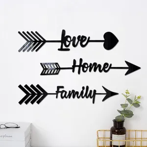 3D acrylic mirror wall sticker set featuring arrow designs with love, home, and family text.