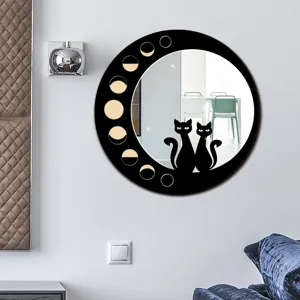 Decorazione murale sospesa con specchio in legno rotondo bohémien 3D creativo fase lunare.