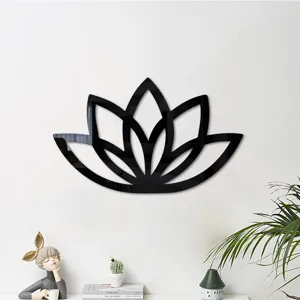 Schwarzer Acryl Lotus Blumen Wandaufkleber Spiegel, 3D moderne Heimdeko fuer Wohnzimmer.