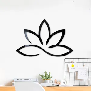 Detailaufnahme des schwarzen 3D Acryl Spiegel Lotus Wandstickers im Desktop Dekor Scene.
