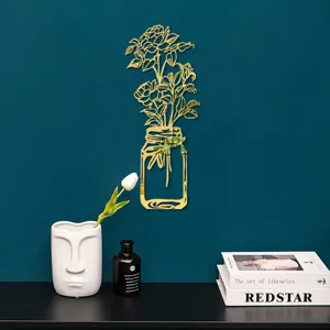 3D acrylic mirror wall sticker featuring a gold rose flower vase design for modern home decor detail.