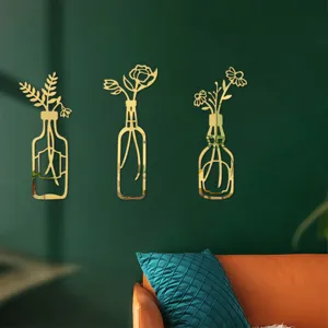 3D Acryl Spiegel Wandaufkleber Goldene Vase Blumen Wanddeko für Ihr Wohnzimmer Art