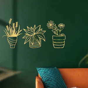3D acrylic mirror potted plant wall stickers, gold floral home decor for living room.