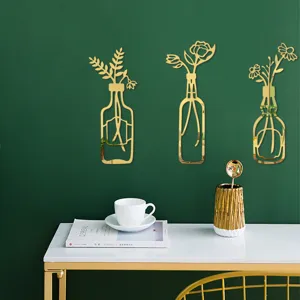 Gold acrylic 3D mirror vase wall stickers for home decor, elegant self-adhesive wall art.
