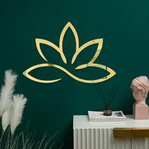 Goldene 3D Acryl Spiegel Wandaufkleber Lotus Blume Dekoration Detailansicht fuer Wohnzimmer.
