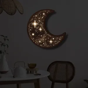 Lampada notturna a LED in legno con luna e stelle decorazione da parete stile nordico.