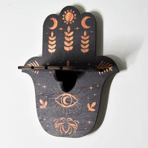 Ξύλινο ράφι τοίχου χέρι hamsa bohemian για κοσμήματα κρύσταλλο και διακόσμηση δωματίου.