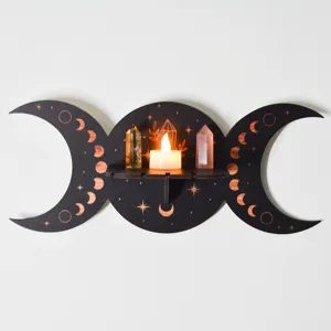 Triple moon wooden wall shelf detail view, perfect for crystals, candles, and gothic decor.