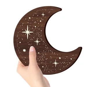 Lampada da notte a LED in legno a forma di mezzaluna da parete con stelle vuote decorazione