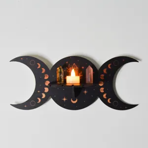 Bohemian wooden triple moon shelf wall hanging crystal display stand moon phase home room decor