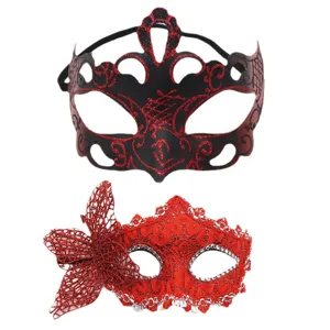 Ensemble de masques de bal masqué pour femmes, dentelle rouge et noire pour fête.