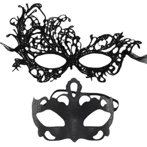 Set di maschere da ballo in maschera nere per uomo, mezza faccia in pizzo per festa di Halloween.