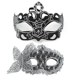 Ensemble de masques de bal masqué, paillettes noires et papillon en dentelle pour fête.