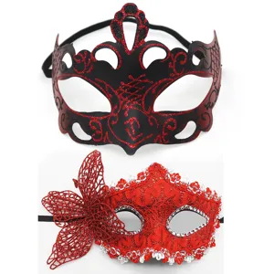 Masque de bal masqué fête Halloween rouge noir dentelle princesse demi-visage ensemble