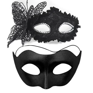 Set maschera carnevale pizzo nero con farfalla strass per festa di Halloween di coppia