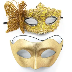 Set Maschere Dorate Farfalla Pizzo Coppia Carnevale Festa di Halloween Maschera