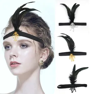 Vintage Feather Headband Gatsby Party Hair Accessories Tassel Beaded Elastic Hair Band Costume Headpiece for Women