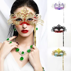 Maschera da Masquerade Veneziana in Metallo Mezzo Viso Maschera da Festa con Manico Rimovibile Maschera Occhi Strass per Adulti