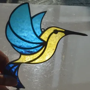 Stained glass hummingbird suncatcher, beautiful blue and yellow window hanging decor.