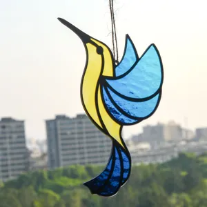 Stained glass hummingbird suncatcher hanging decor detail close up view crystal colorful ornament