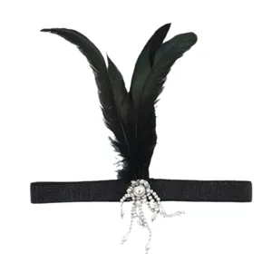1920s vintage black feather headband rhinestone pearl flapper hair accessory for party.