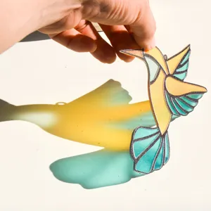 Stained glass hummingbird suncatcher acrylic pendant detail view, colorful window hanging decor.