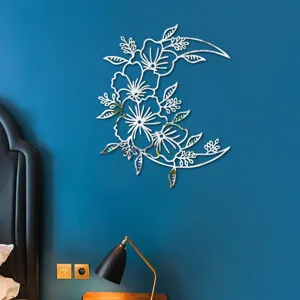 3D floral acrylic mirror wall sticker, silver moon wall decor for home bedroom living room