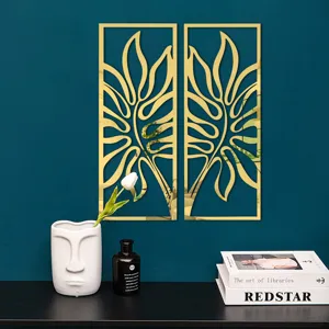 Gold acrylic monstera leaf mirror wall sticker detail view, elegant home decor accent.