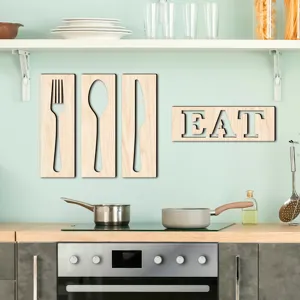 3D Décoration Murale Cuisine en Bois Couverts Cuillère Fourchette EAT Panneau 5mm