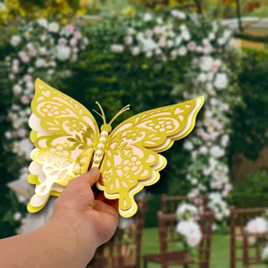 3D pearl paper butterfly wall sticker, exquisite four-layer hollow gold and pink decor for weddings.