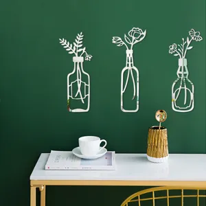 3D Acryl Spiegel Wandaufkleber, Vasen und Blumen Design, selbstklebende Heimdeko.