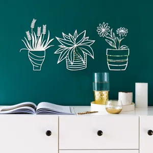 3D acrylic mirror potted plant wall sticker detail, modern green wall home decor accent.