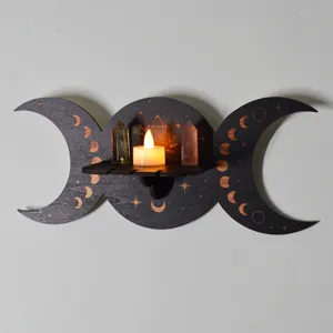 Detail view of wooden moon phase wall shelf, triple moon crystal altar shelf for decor.