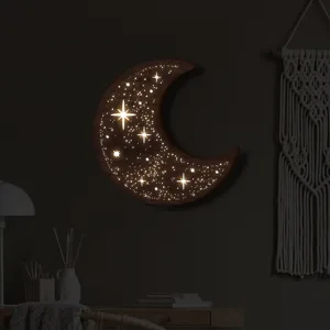 Dettaglio della luce notturna LED luna stella in legno, decorazione murale boho accogliente.
