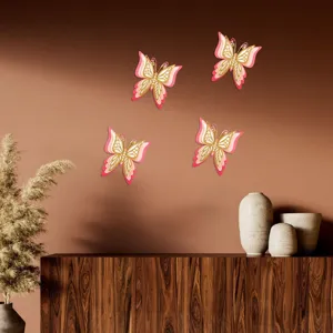 3D hollow gold and pink butterfly wall stickers, pearlescent paper decor for home wedding.