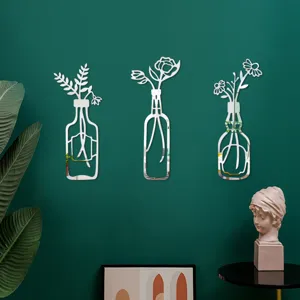 Akryl Spiegel Wandaufkleber mit kreativem Vasen- und Blumendesign für die Heimdekoration.