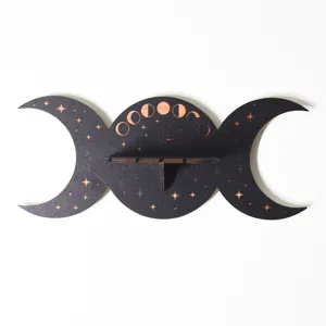 Bohemian wooden moon phase wall shelf black crystal display rack for home decor room organization.