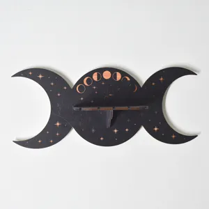 Boho wooden triple moon shelf wall hanging crystal display rack room decor black moon phases