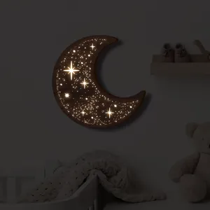 Luce Notturna LED luna in legno dettaglio, motivo stella luminosa per cameretta bambini.