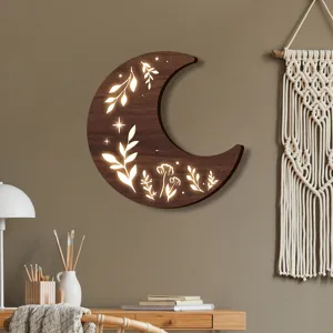 Applique da parete LED luna in legno nordico lampada notturna botanica intagliata decoro