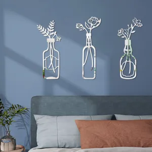 3D Acryl Spiegel Wandaufkleber mit Vasen und Blumen Design, selbstklebende Deko.