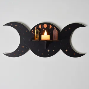 Bohemian Triple Moon Wooden Wall Shelf Crystal Display Candle Holder Home Decor 1pc