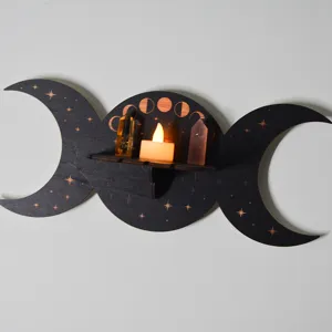Moon phase wooden wall shelf detail with crystals and candle, boho home decor, magical aesthetic.